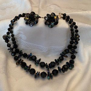 1950's Vintage Lotus Lady Black Iridescent Double Strand Necklace and Earnings